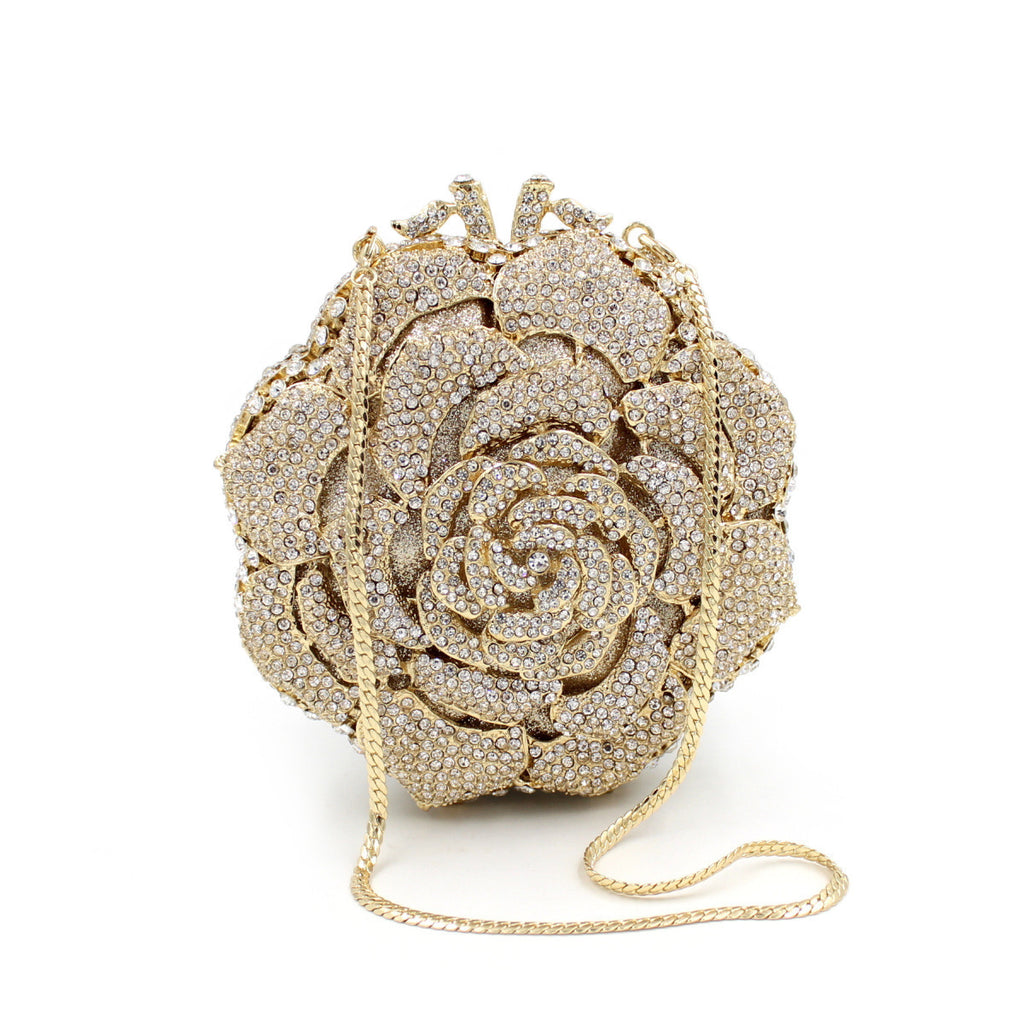 Pochette de soirée dorée pour femme avec strass et motif ajouré