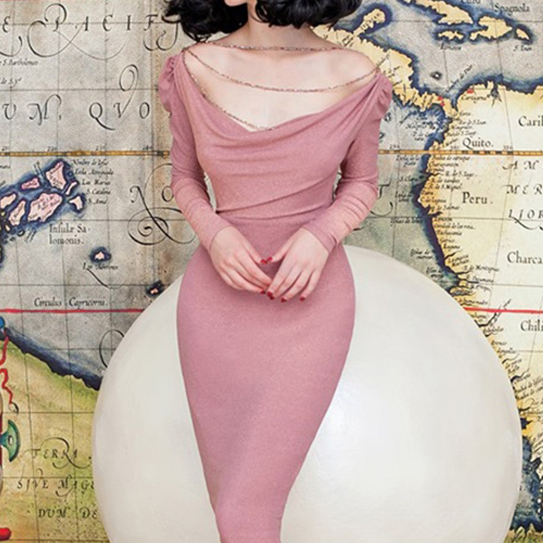Ladies' Pink Pearl Collarbone Dress Mid Skirt S-XL Polyester