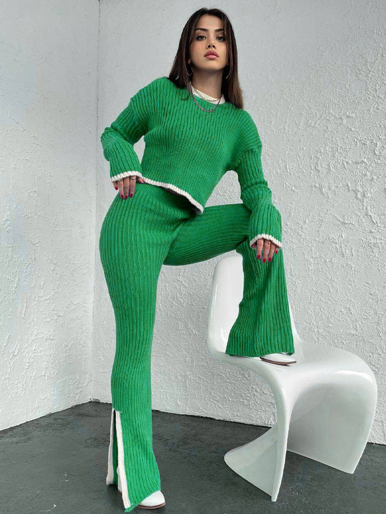 Lazy Color Contrast Women's Knitted Sweater Suit