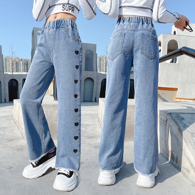 Girls Light Blue Denim Wide Leg Casual Pants