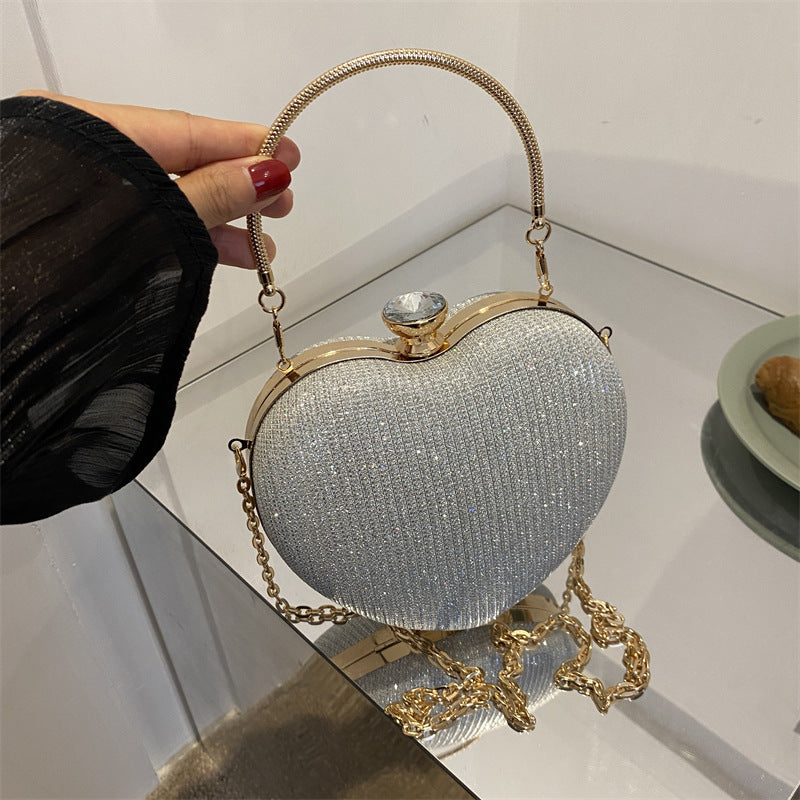 Women Bag Shiny Handbag Heart Shape Metal Clutches Bag Fashion