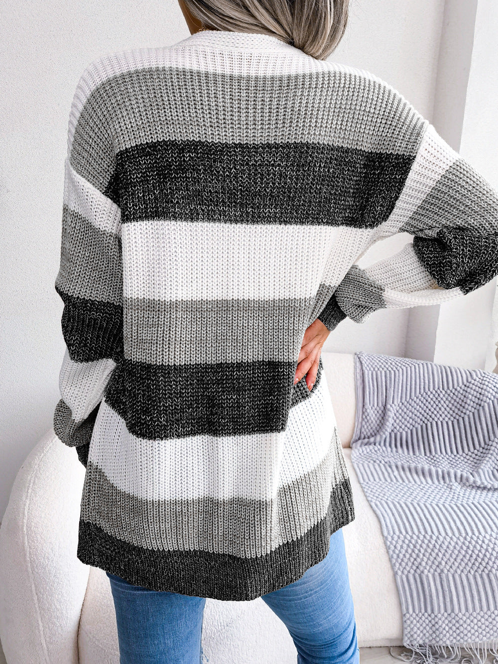 Gilet en tricot à carreaux et manches lanternes pour femme