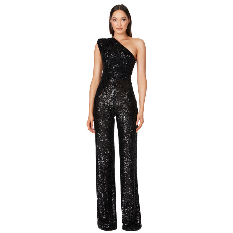 Sleeveless One-shoulder Fashion High Waist Design Sequined Jumpsuit