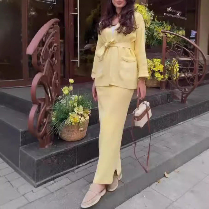 Thermal Knitted Lace-Up Cardigan & Long Skirt Two-Piece Sweater Set