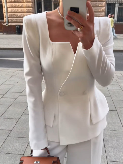 Two-Button Square Collar Solid Color Polyester Blazer