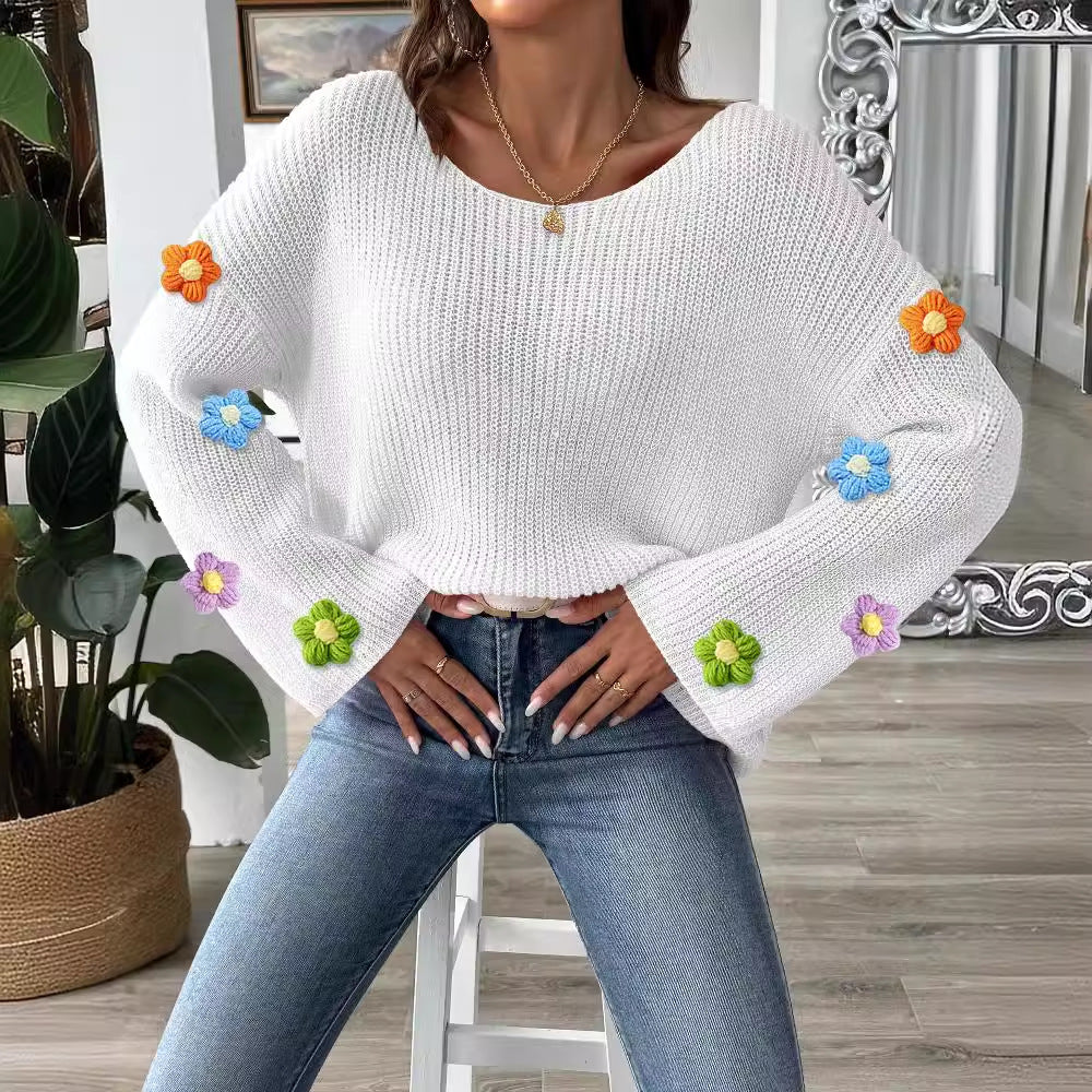 Womens Hand-Crocheted Floral Patchwork Flare-Sleeve Sweater