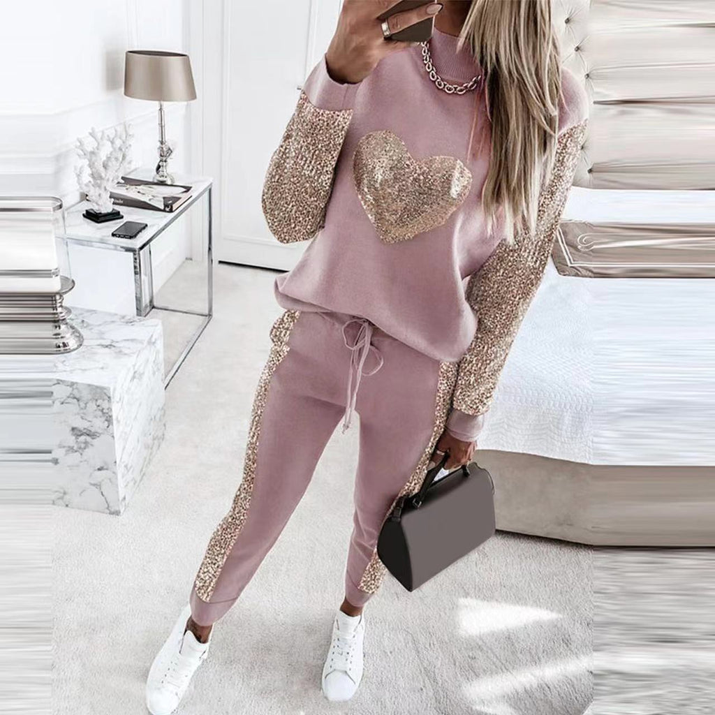 Ensemble décontracté en polyester rose cuir, top col roulé et pantalon à sequins Love pour femme