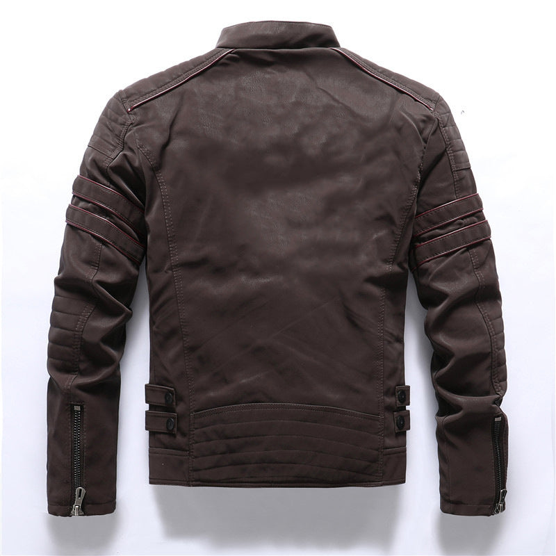 Men's Vintage Washed PU Leather Jacket with Stand-Up Collar