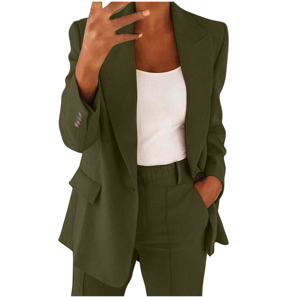 Slim Lapel Cardigan Suit Set with Button Detail