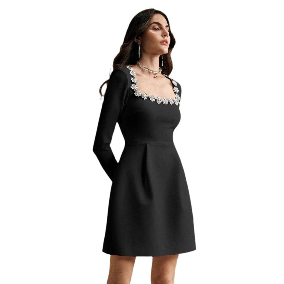 Robe trapèze élégante à col en U et taille haute pour femme