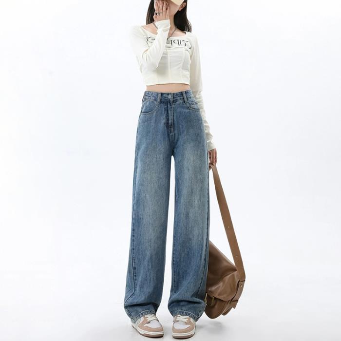 High Waist Wide Leg Denim Jeans for Women Spring Autumn Retro Blue