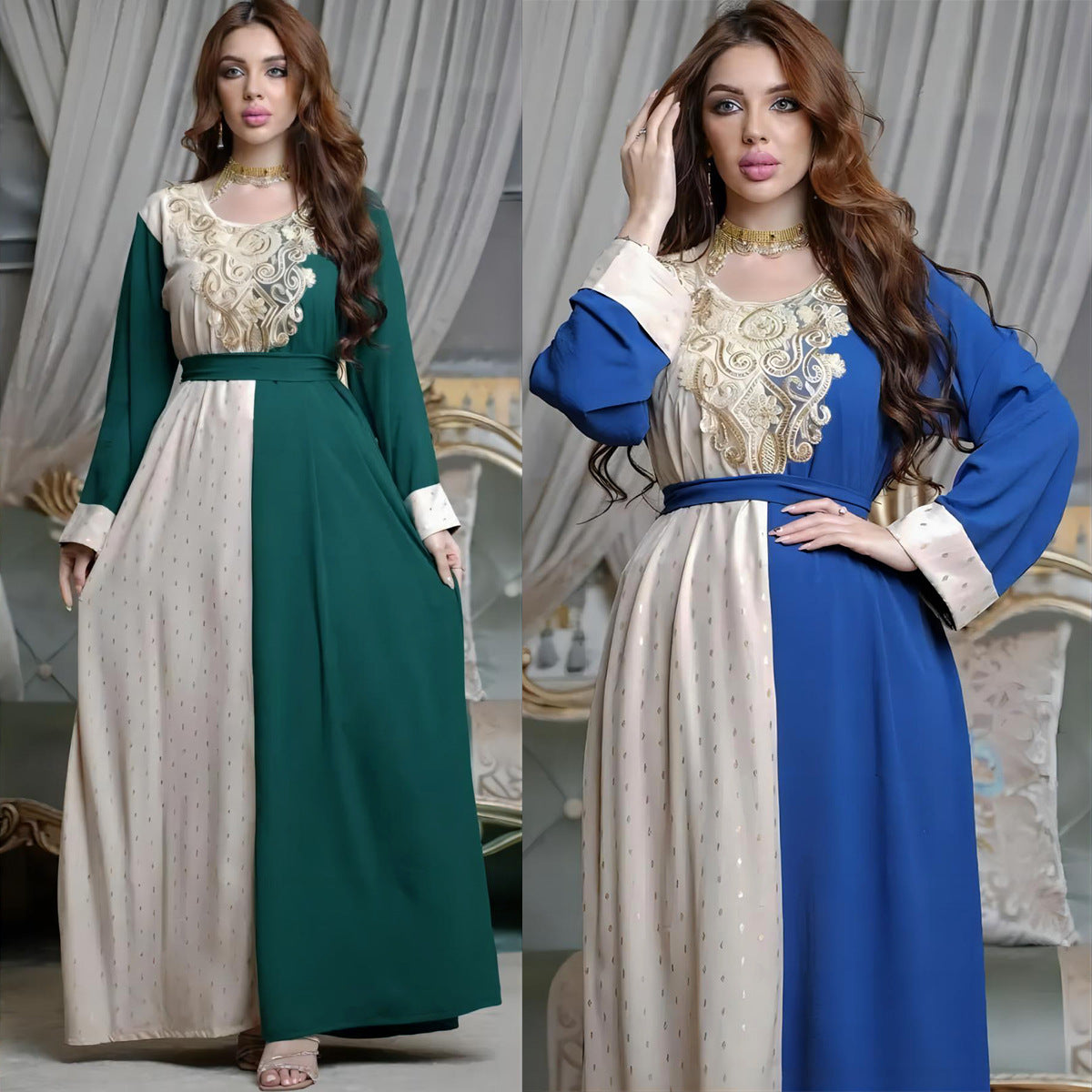 فستان تونيك مسلم مطرز بتطريزات مع حزام باللونين الأخضر والأزرق، متوفر بمقاسات M-XXL