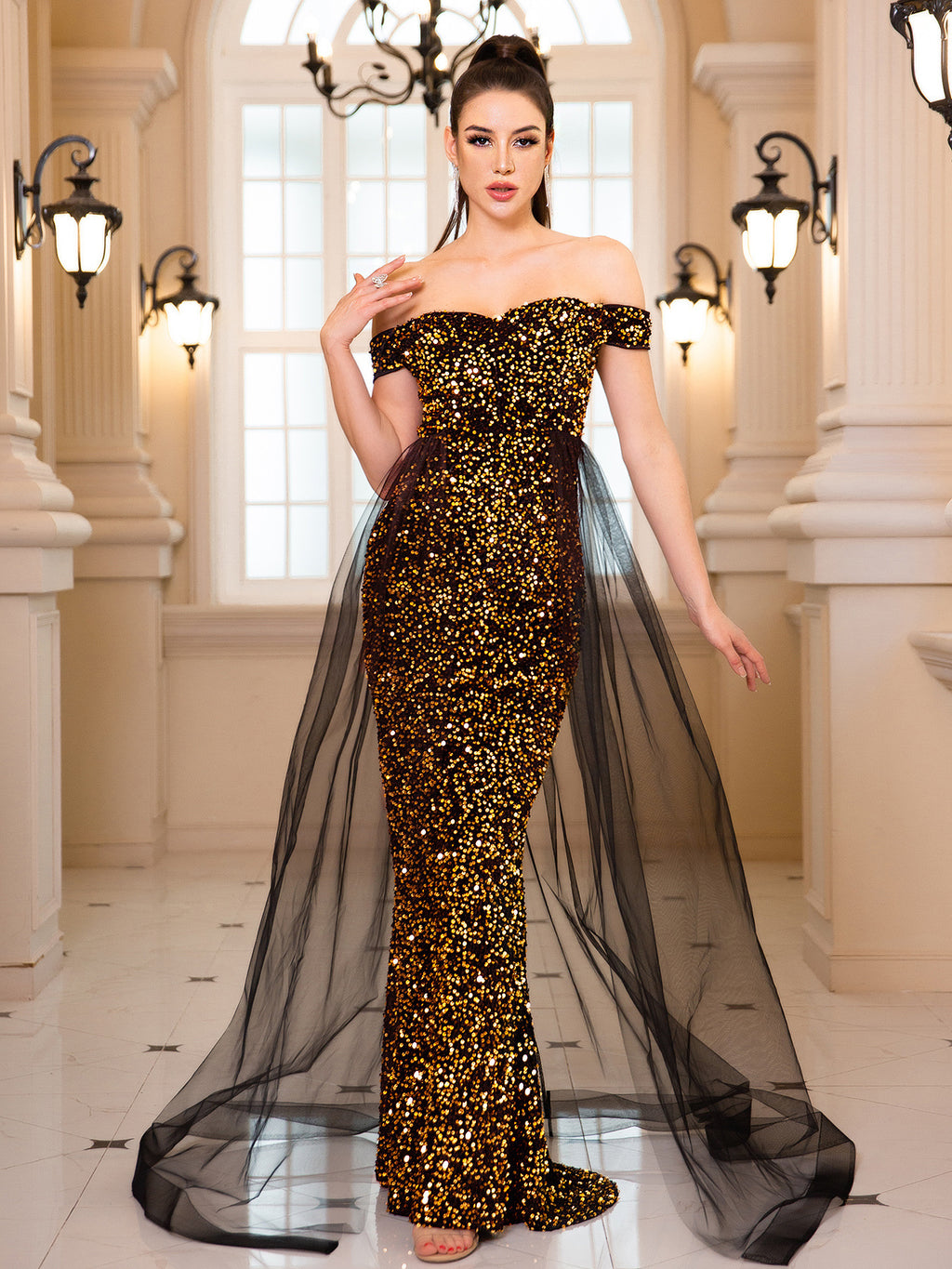 Heavy Industry Fishtail Long Off-Shoulder Banquet Dress