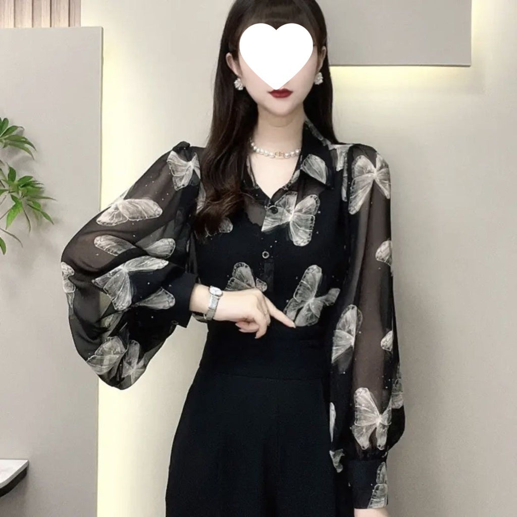 Chemise ajustée élégante en polyester élasthanne noir imprimé papillons