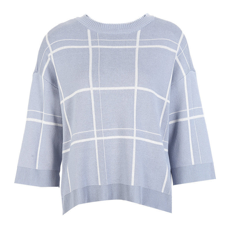 Loose Small Check Pattern Pullover Sweater with Raglan Sleeves