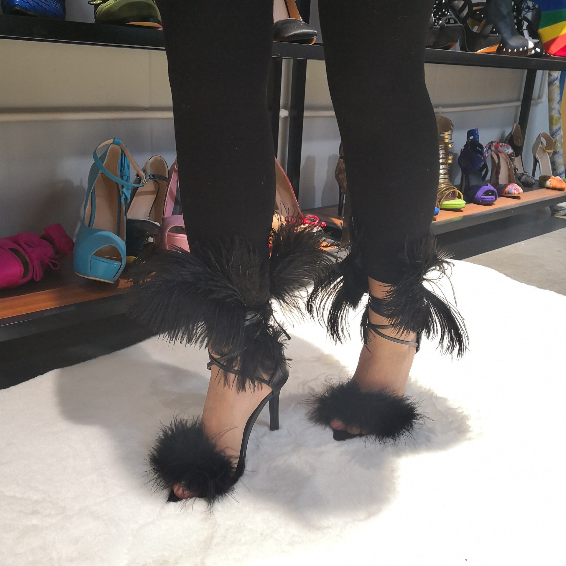 Lace-Up Feather Sandals in Red & Black with 10-13cm Heels, Sizes 34-47