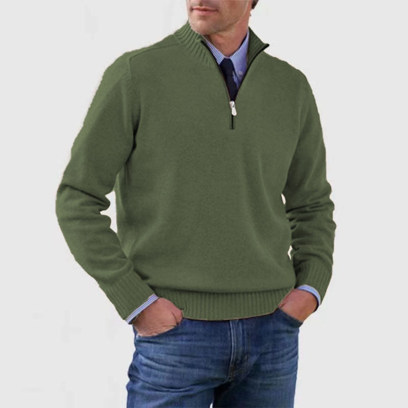 Pull tricoté à col montant zippé à manches longues pour homme, coupe ajustée