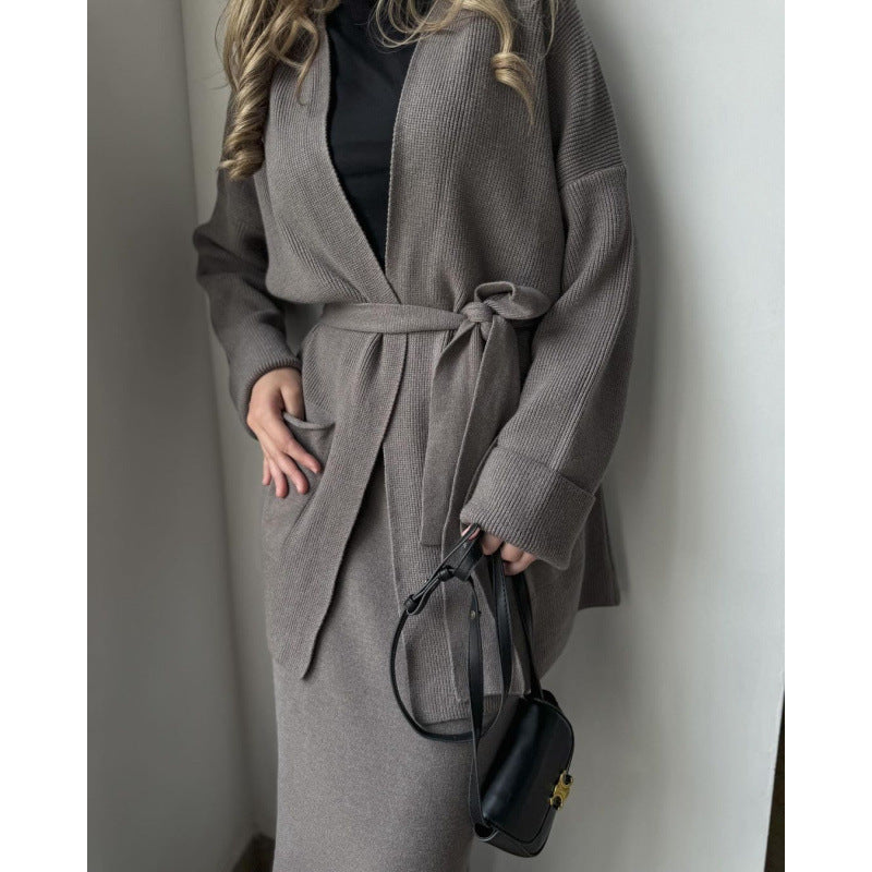 Thermal Knitted Lace-Up Cardigan & Long Skirt Two-Piece Sweater Set