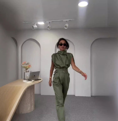 Shoulder and Waist Slimming Blouse with Belt and Pants Set