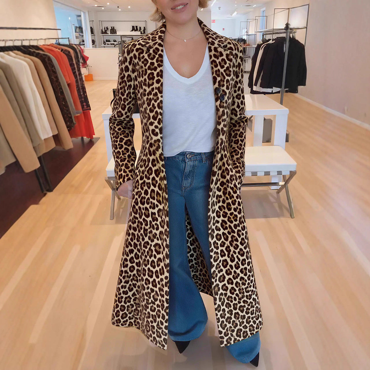 Women's Leopard Print Lapel Coat Casual Trench