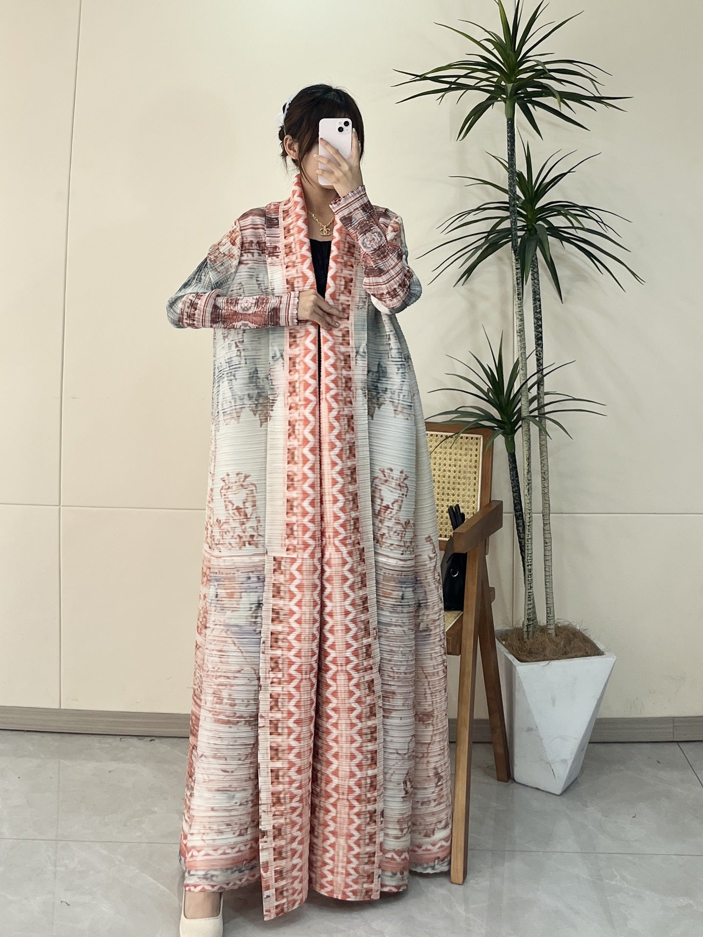 Pleated Print Fashionable All-match Lace-up Loose Arabian Abaya Robe