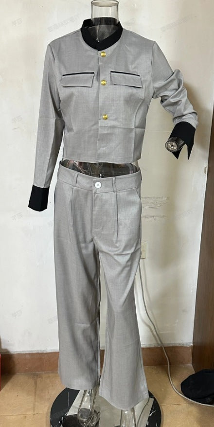 Ensemble pantalon large gris élégant en polyester pour femme