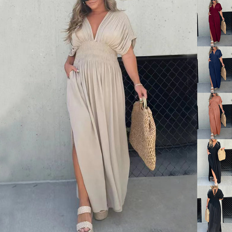 Fashion Bat-Sleeve V-Neck Slit Dress Summer Short Sleeve Elastic Waist Women’s Long Dress