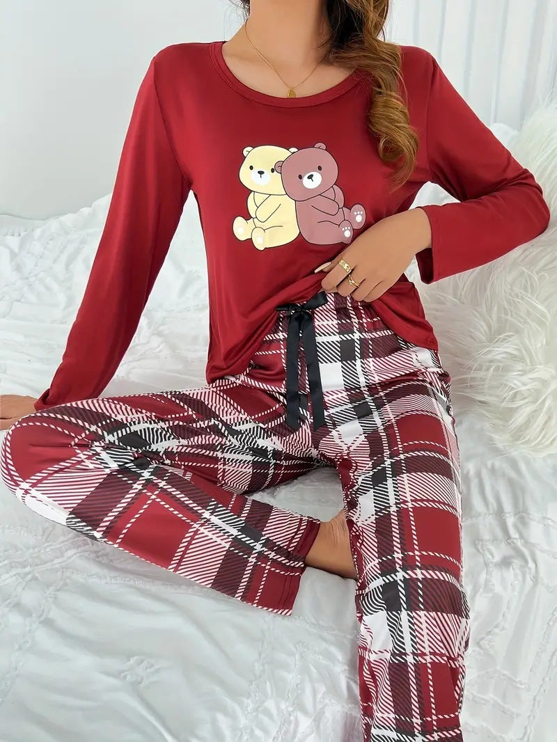 Home Wear Autumn And Winter Pajamas Suit Long Sleeve Printed Plaid Trousers Two-piece Set