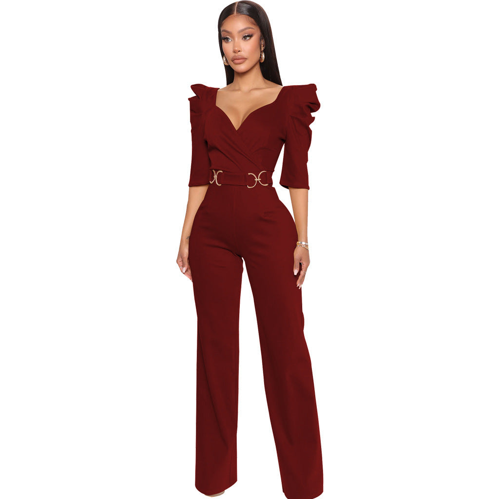 Long Sleeve V-Neck Wide Leg Sexy Jumpsuit