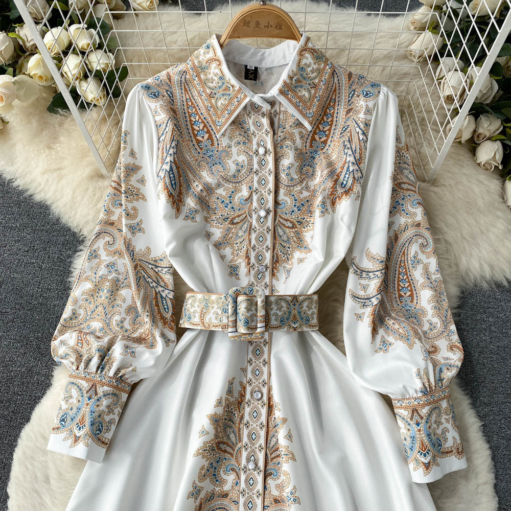Retro Paisley French Waist Dress for Ramadan Nights in Black, Blue, Khaki