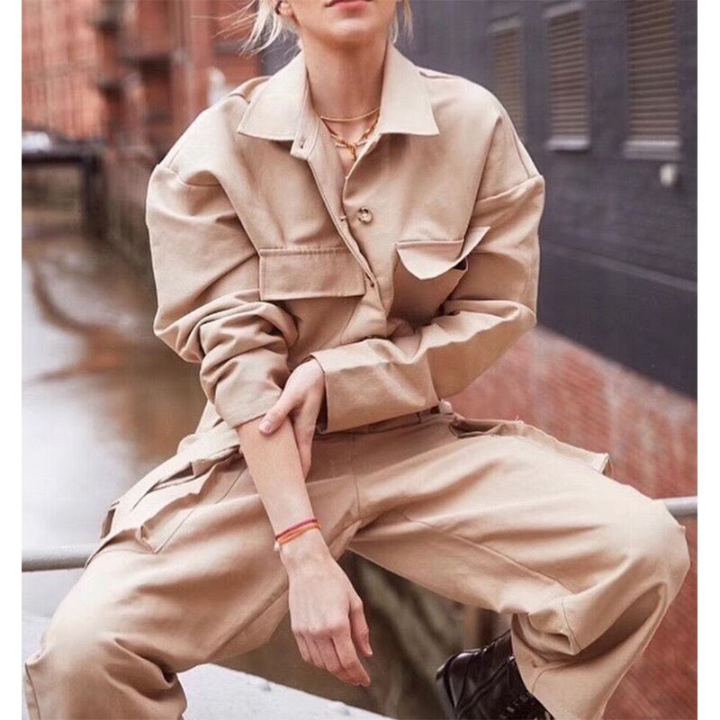 Shirt style long sleeve waist and wide leg overalls for women