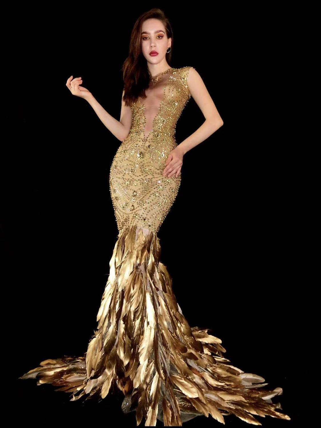 Gold Feather Rhinestone Bag Hip Elastic Evening Dress