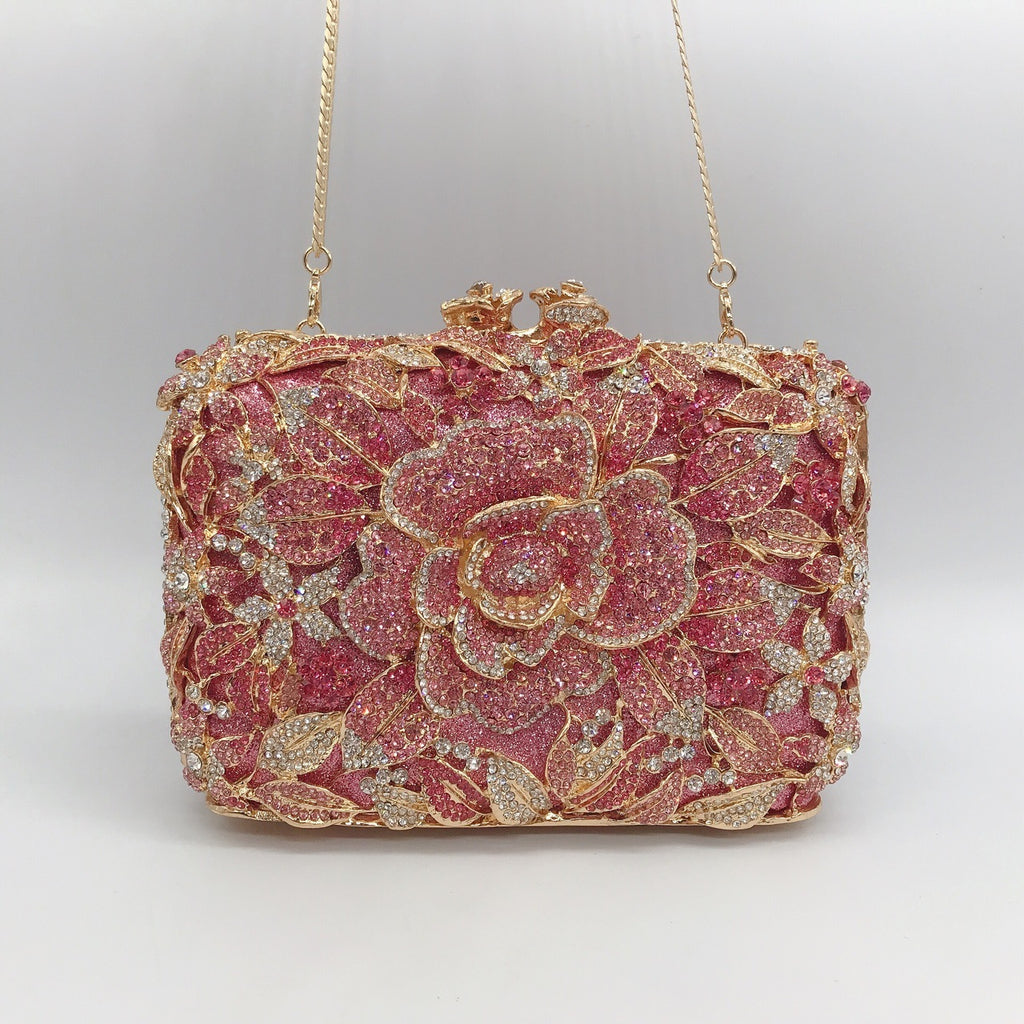 Metal Rose Diamond Chain Clutch Evening Bag 17x11x5cm