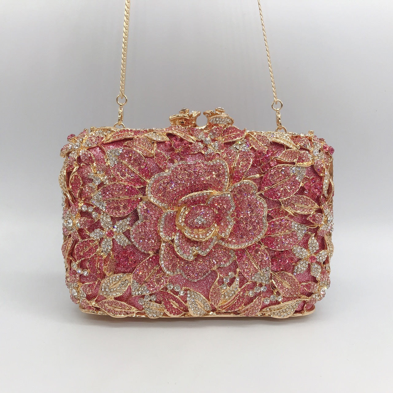 Metal Rose Diamond Chain Clutch Evening Bag 17x11x5cm