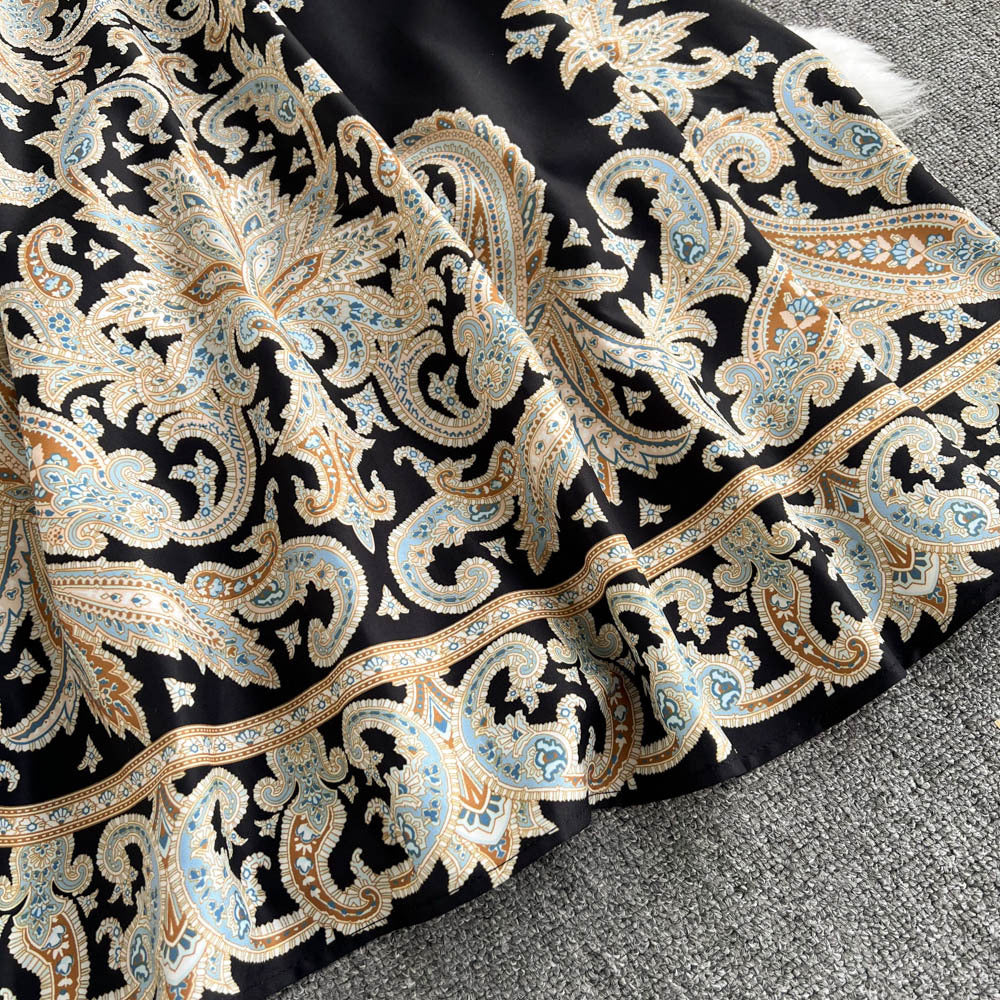 Retro Paisley French Waist Dress for Ramadan Nights in Black, Blue, Khaki