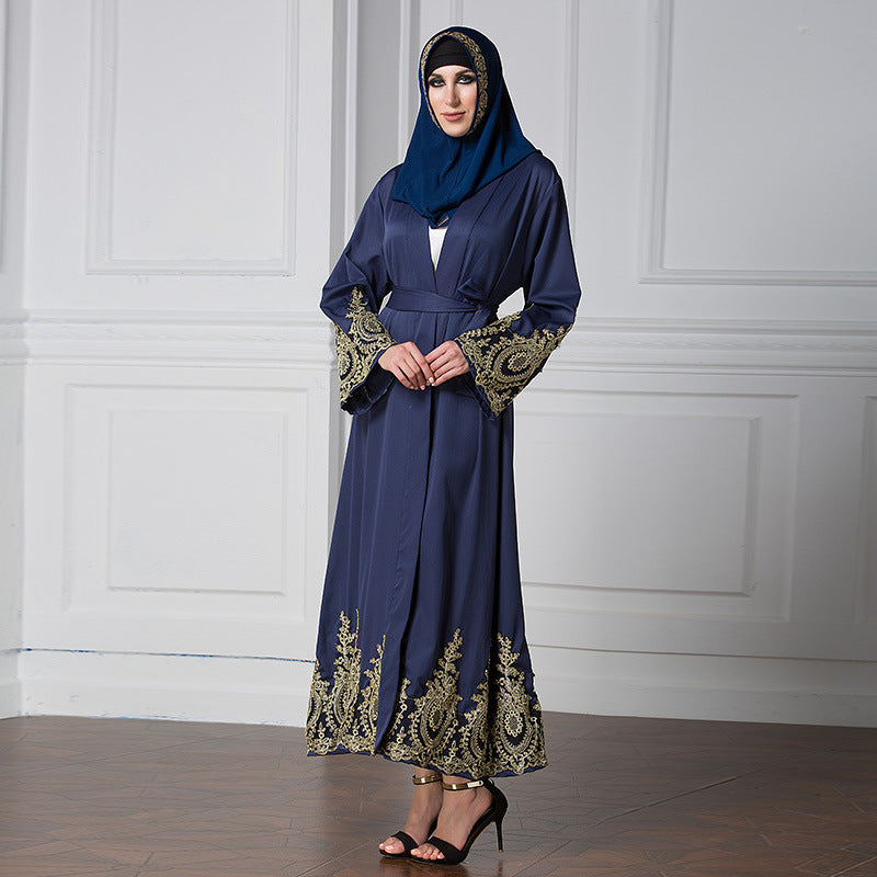 Ramadan Lace Stitching Cardigan Robe Polyester