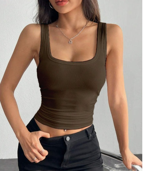 Grey Slim Fit Rib-Knit Tank Top with Deep U-Neck and Racerback