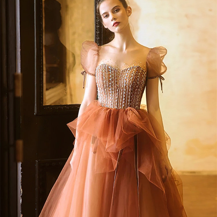 Women's Fashion Minimalist Sequin Evening Dress Brown Polyester