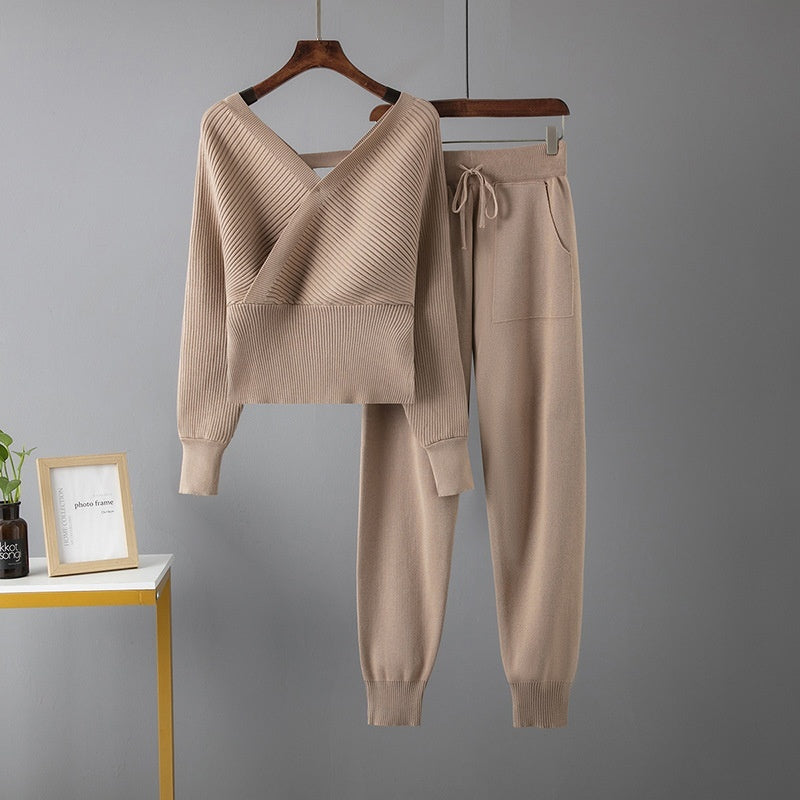 Sexy V-Neck Sweater and Casual Sports Pants Two-Piece Set for Women