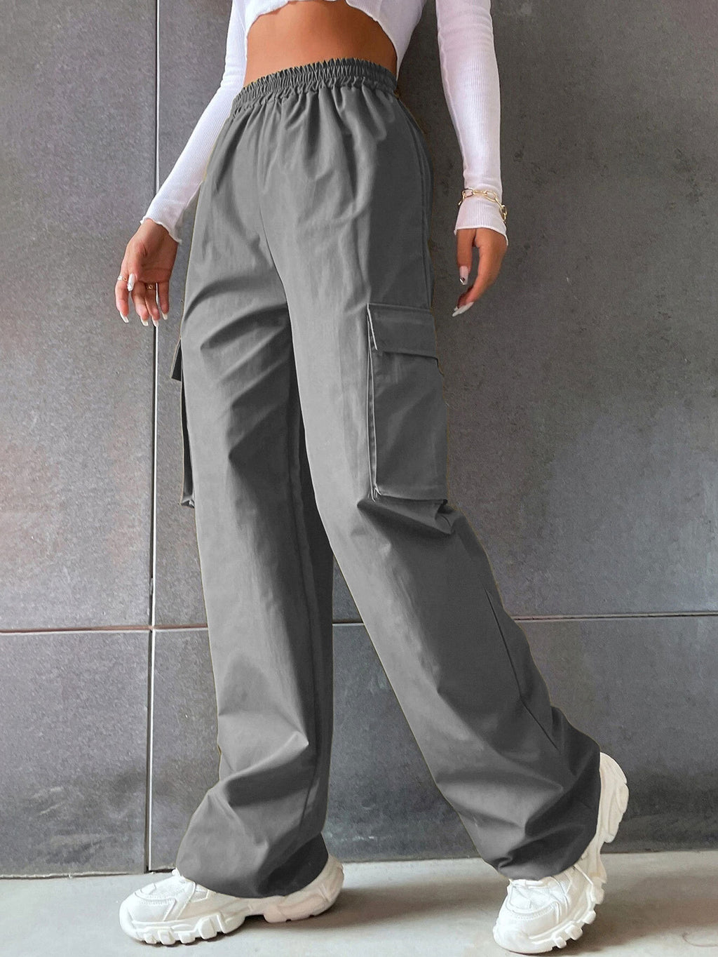 Pantalon de travail taille haute de couleur unie pour femme avec poches