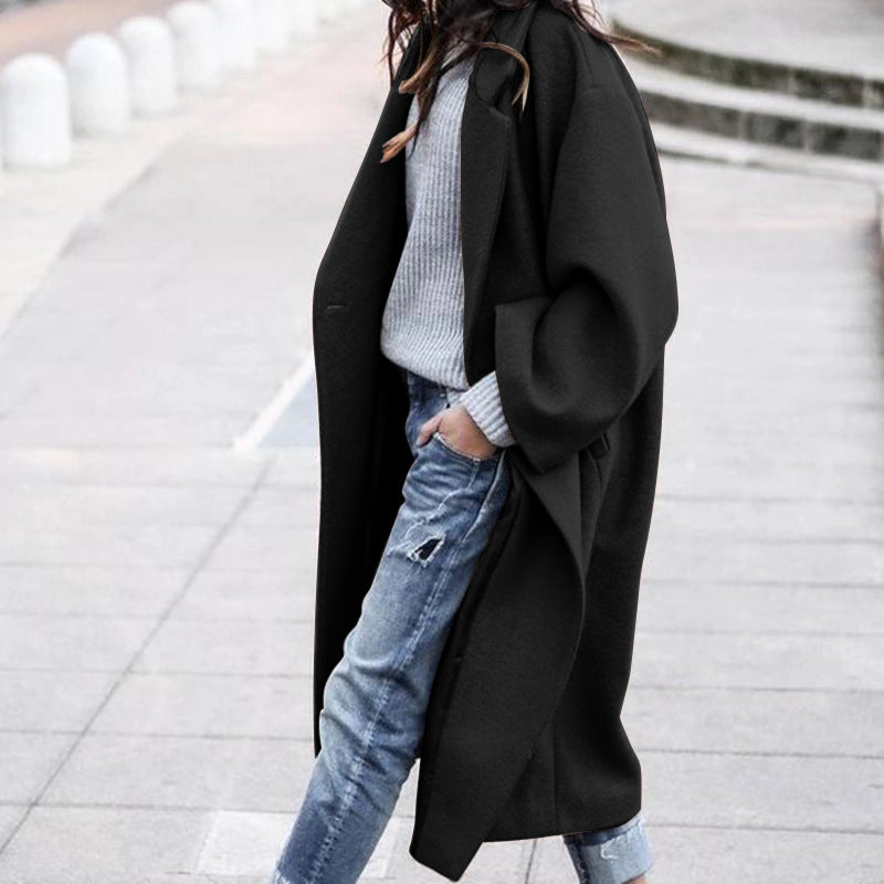 Women’s Casual Long Woolen Jacket With Pockets Solid Color Single Breasted Lapel Winter Coat