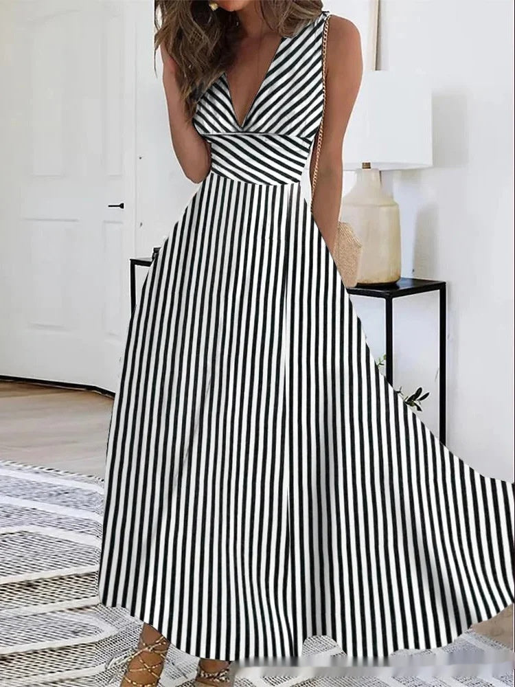 Spring Summer V-Neck Sleeveless Waist-Controlled A-Line Dress