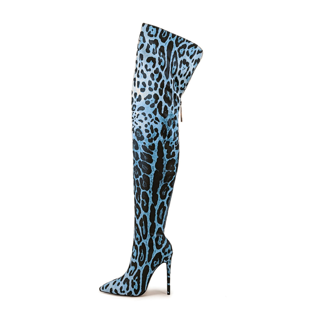 Bottes cuissardes stretch imprimé léopard à talons aiguilles et bouts pointus pour discothèque et pole dance
