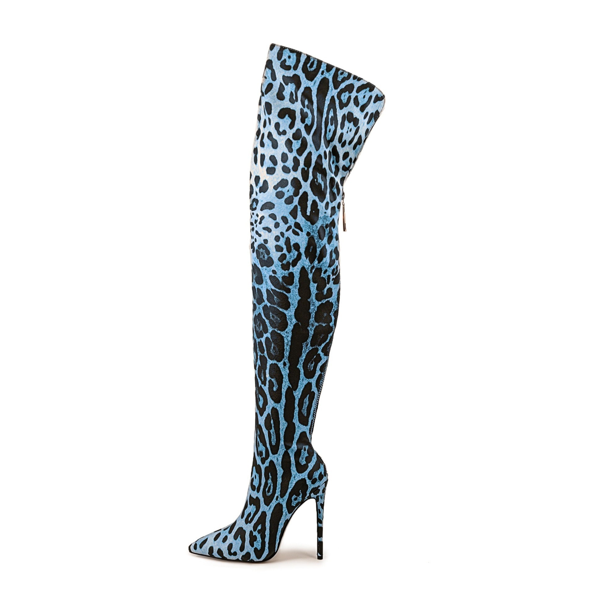Bottes cuissardes stretch imprimé léopard à talons aiguilles et bouts pointus pour discothèque et pole dance