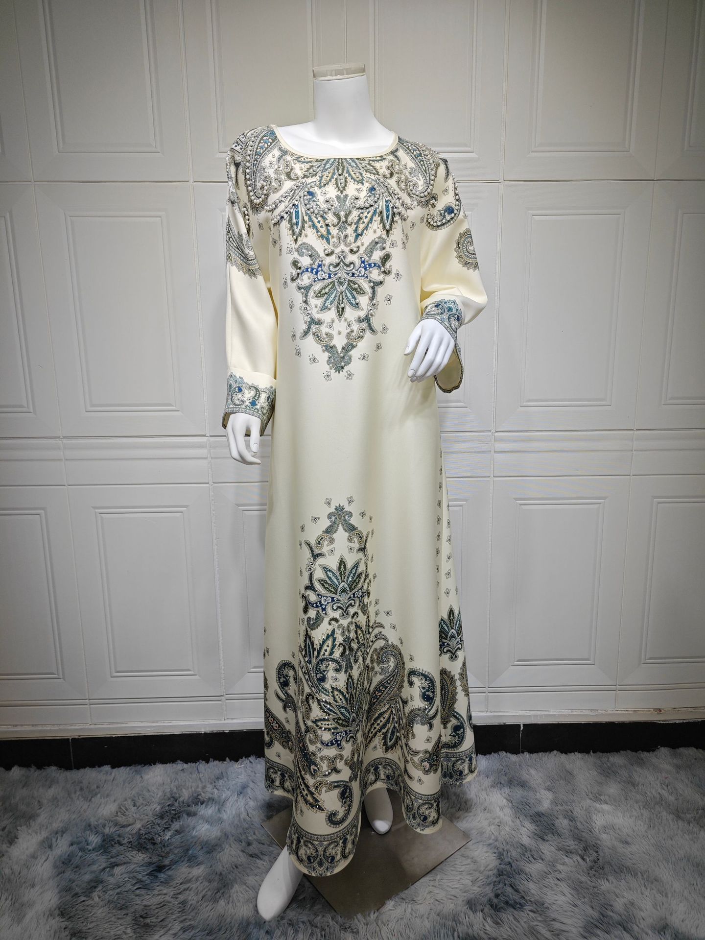 Dubai Printed Muslim Women's Long Sleeve Dress Polyester