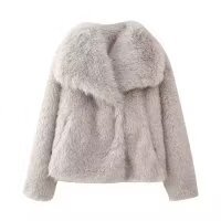 Polo Collar Faux Fur Short Coat in Black & Silver Gray, XS-L