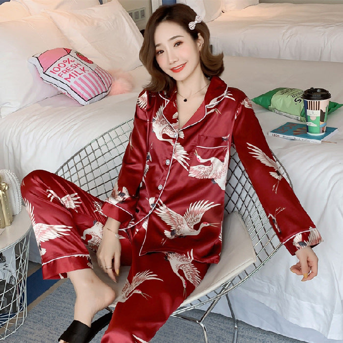 Women's Spring & Autumn Ice Silk Pajama Set Loose Homewear Trousers