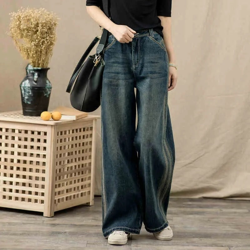 Pantalon en jean large à taille haute et coupe droite pour femmes