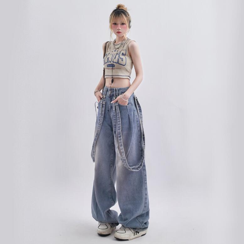 Retro Ribbon Design Washed Distressed Casual Denim Pants