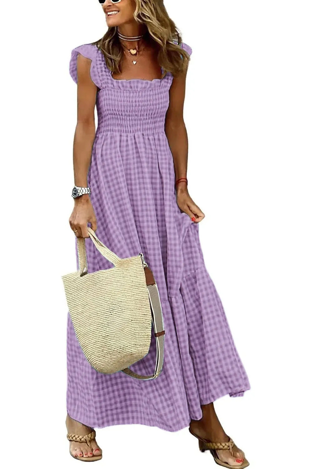 Robe de plage sans manches plissée à volants et motif à carreaux d'été pour femme